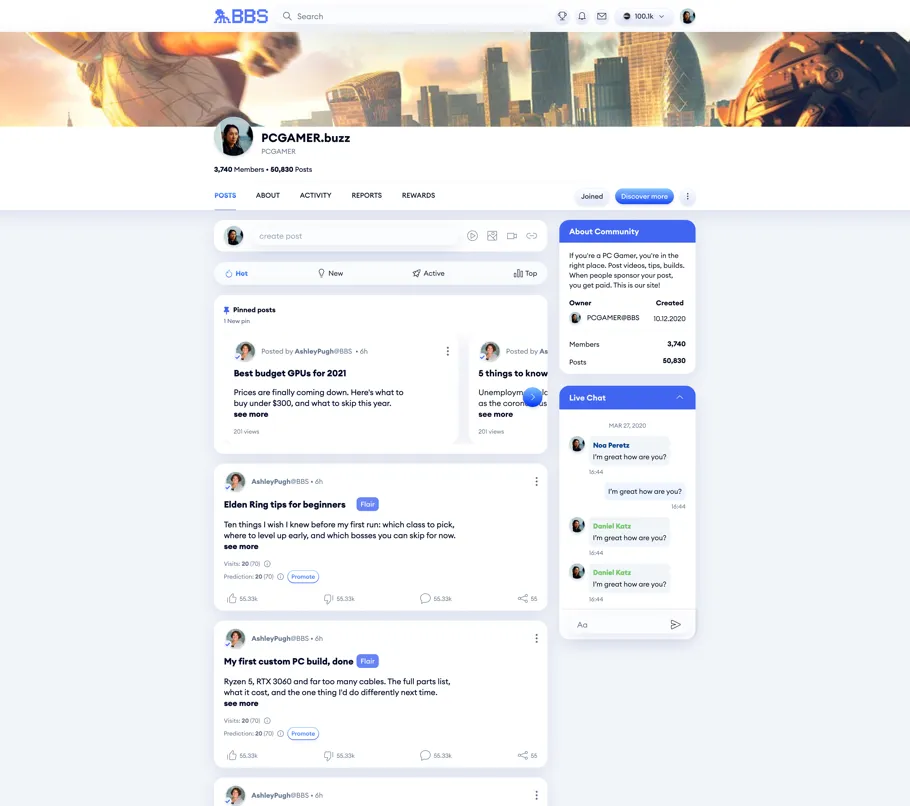 BBS web app showing the PCGAMER.buzz community feed with pinned posts, the About Community card and a live chat
