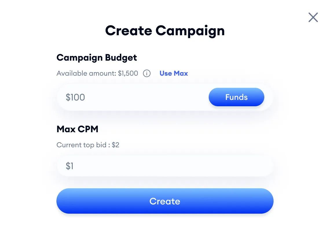 BBS Create Campaign dialog with a campaign budget field, available amount, a Max CPM bid with the current top bid, and a Create button