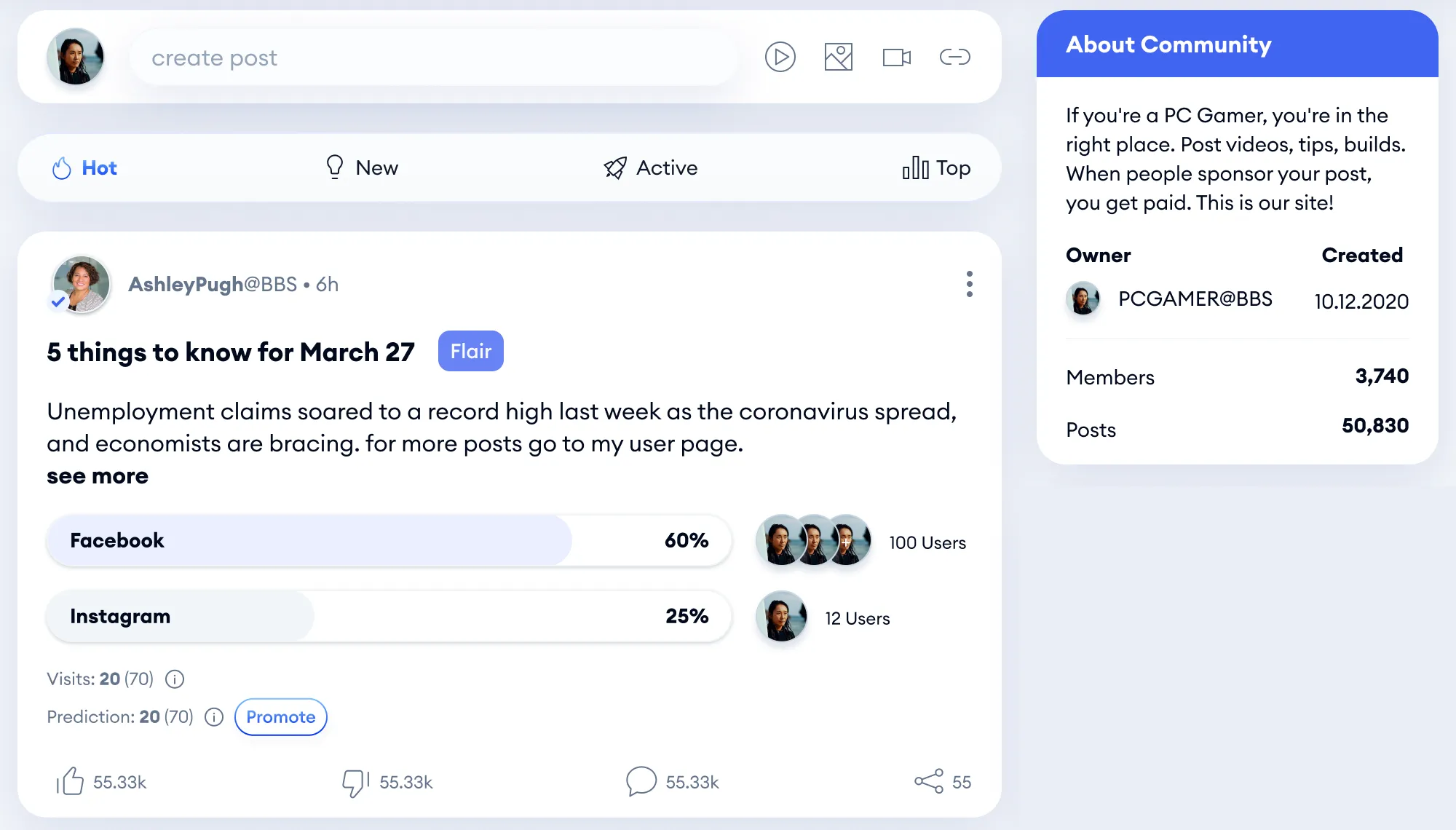 Close-up of a BBS community feed: a create-post bar, Hot, New, Active and Top sorting, a post with a poll, and an About Community card with owner, creation date, members and posts