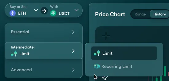 Close-up of the Carbon DeFi strategy menu: Essential, Intermediate and Advanced levels, with Intermediate open to show Limit and Recurring Limit