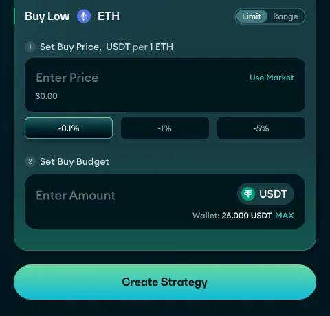 Close-up of the Carbon DeFi simulation form: Buy Low price and budget, ending in a Create Strategy button