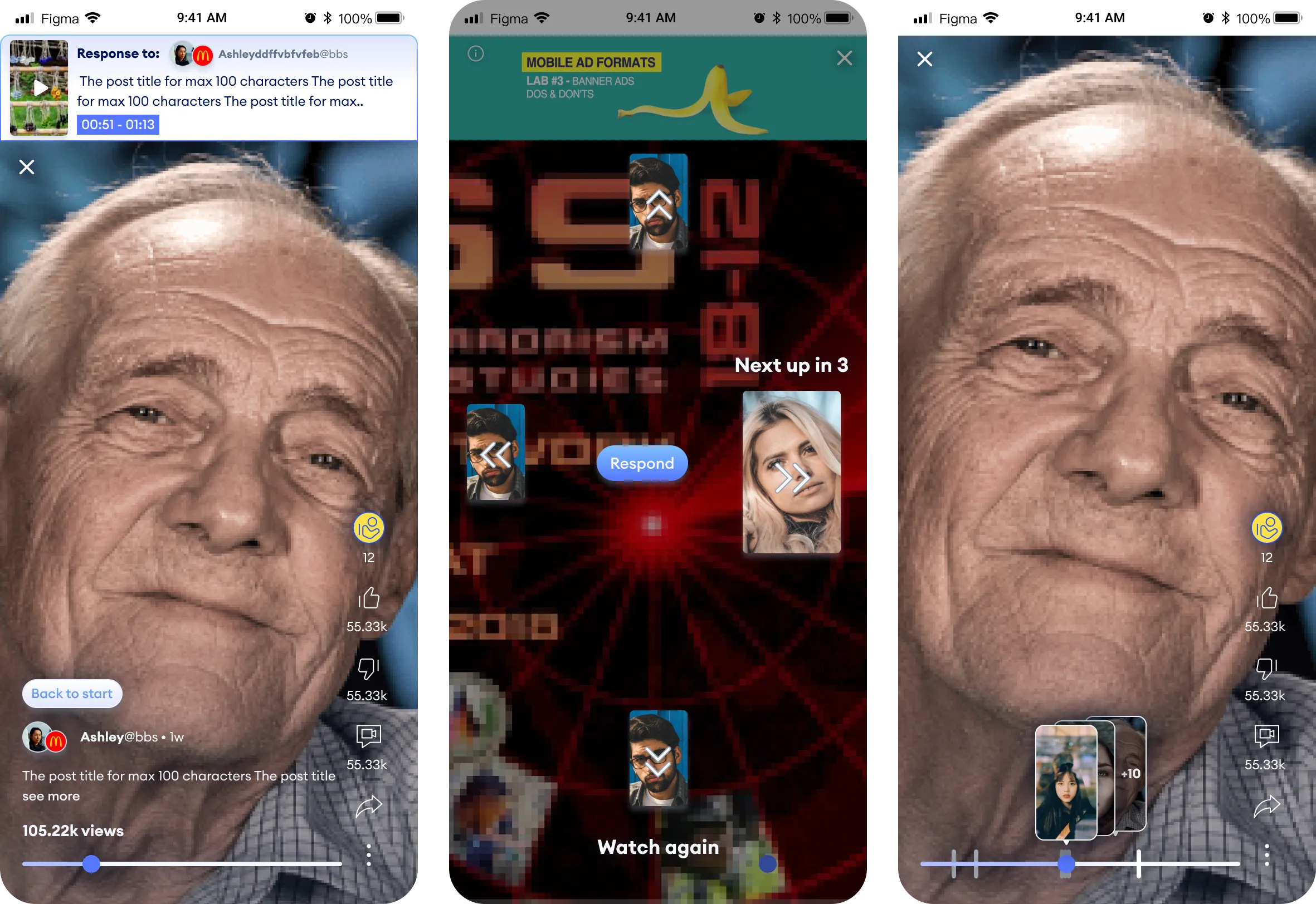 Three BBS mobile screens: a video reply with a Response to banner showing the original post and the time range it answers; the swipe navigation with reply thumbnails above, below, left and right, a Respond button and Next up in 3; and a video with a stack of replies on its timeline marked +10