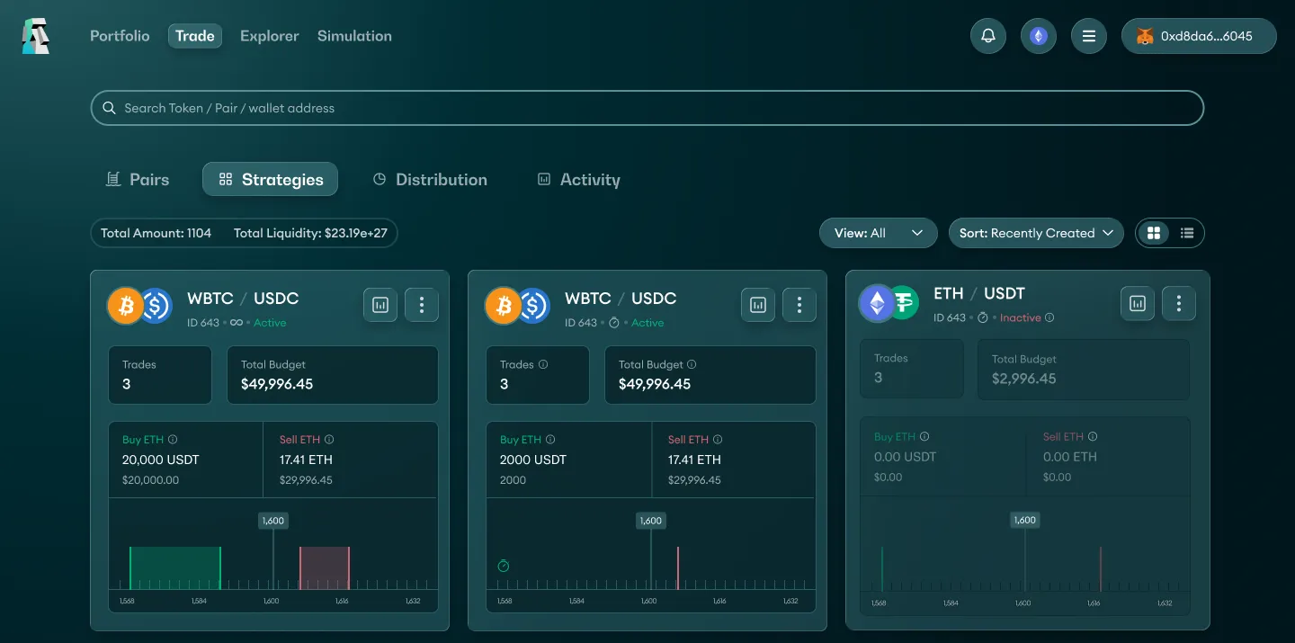 Carbon DeFi Explorer with a search bar, Pairs, Strategies, Distribution and Activity tabs, and strategy cards showing budgets and buy and sell ranges