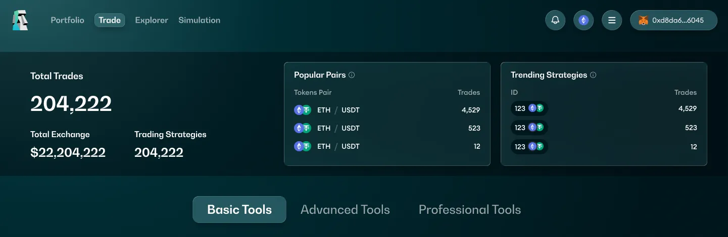 Carbon DeFi home screen with total trades, total exchange and trading strategies stats, popular pairs, trending strategies, and tabs for Basic, Advanced and Professional tools