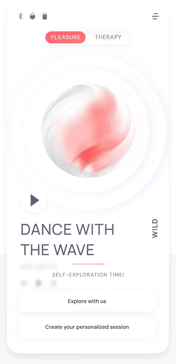 Vela app screen with a soft red 3D shape, Pleasure and Therapy tabs, and the title Dance with the wave