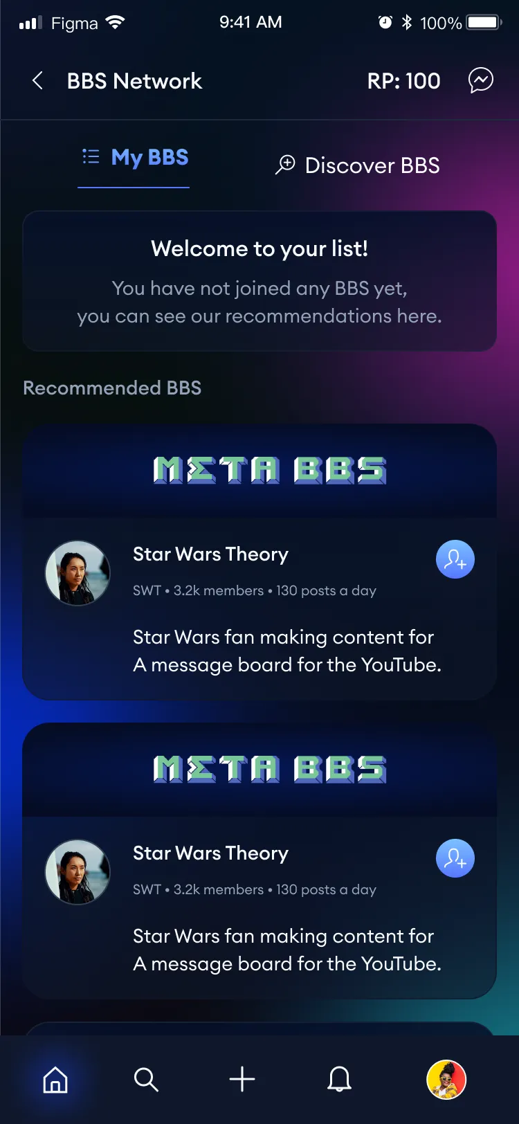 BBS mobile My BBS tab in dark mode: Welcome to your list, with recommended communities such as Star Wars Theory, 3.2k members and 130 posts a day