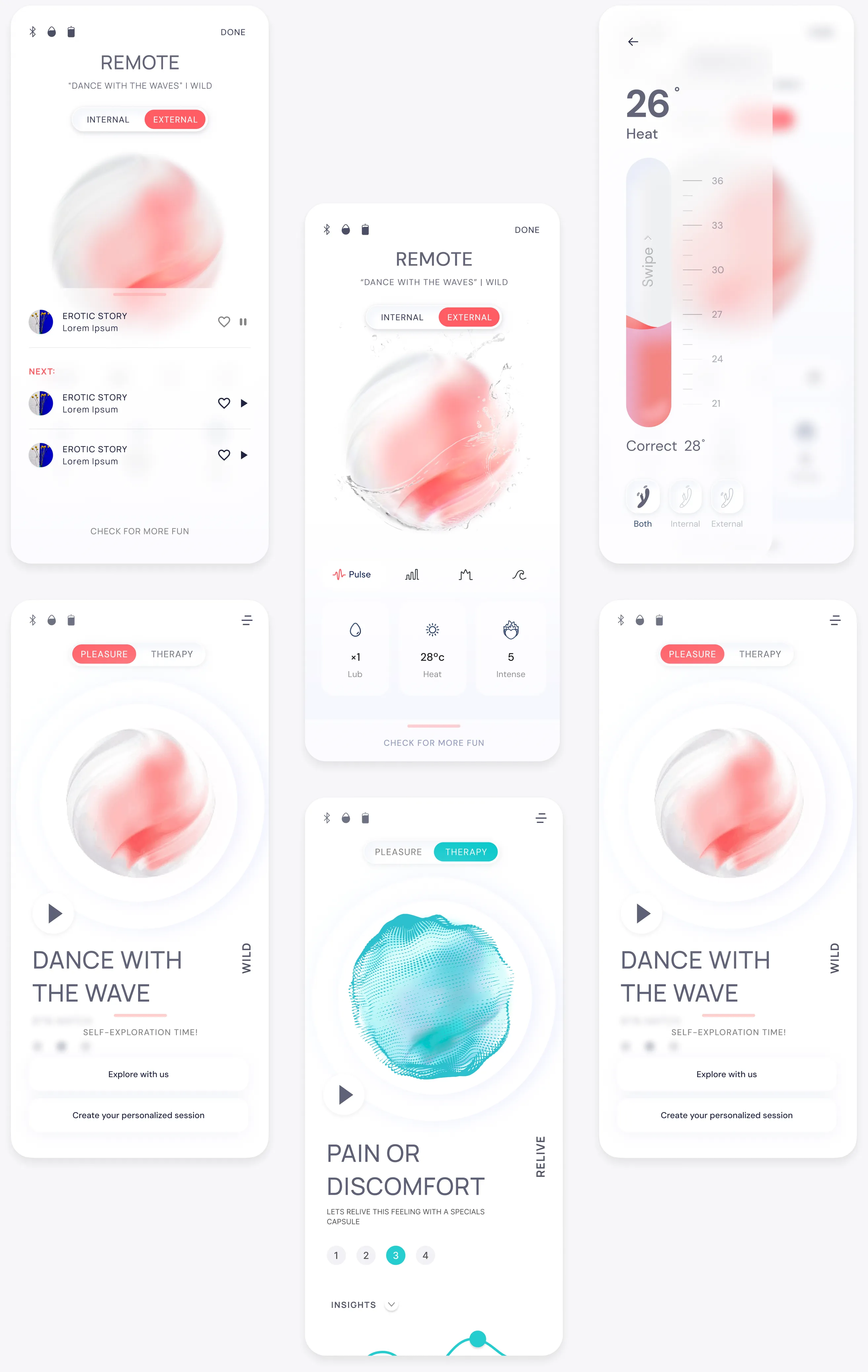 Six Vela app screens: a remote with internal and external modes, a heat control, pleasure and therapy modes with soft 3D shapes, and a guided session