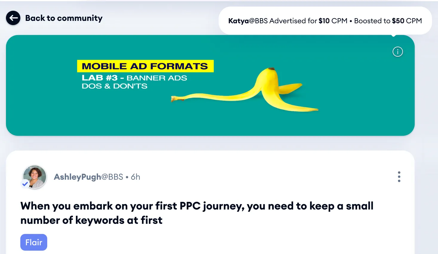 BBS web post with a sponsored banner ad at the top, labelled Katya@BBS Advertised for $10 CPM, Boosted to $50 CPM, followed by the start of the post: author AshleyPugh@BBS and the title